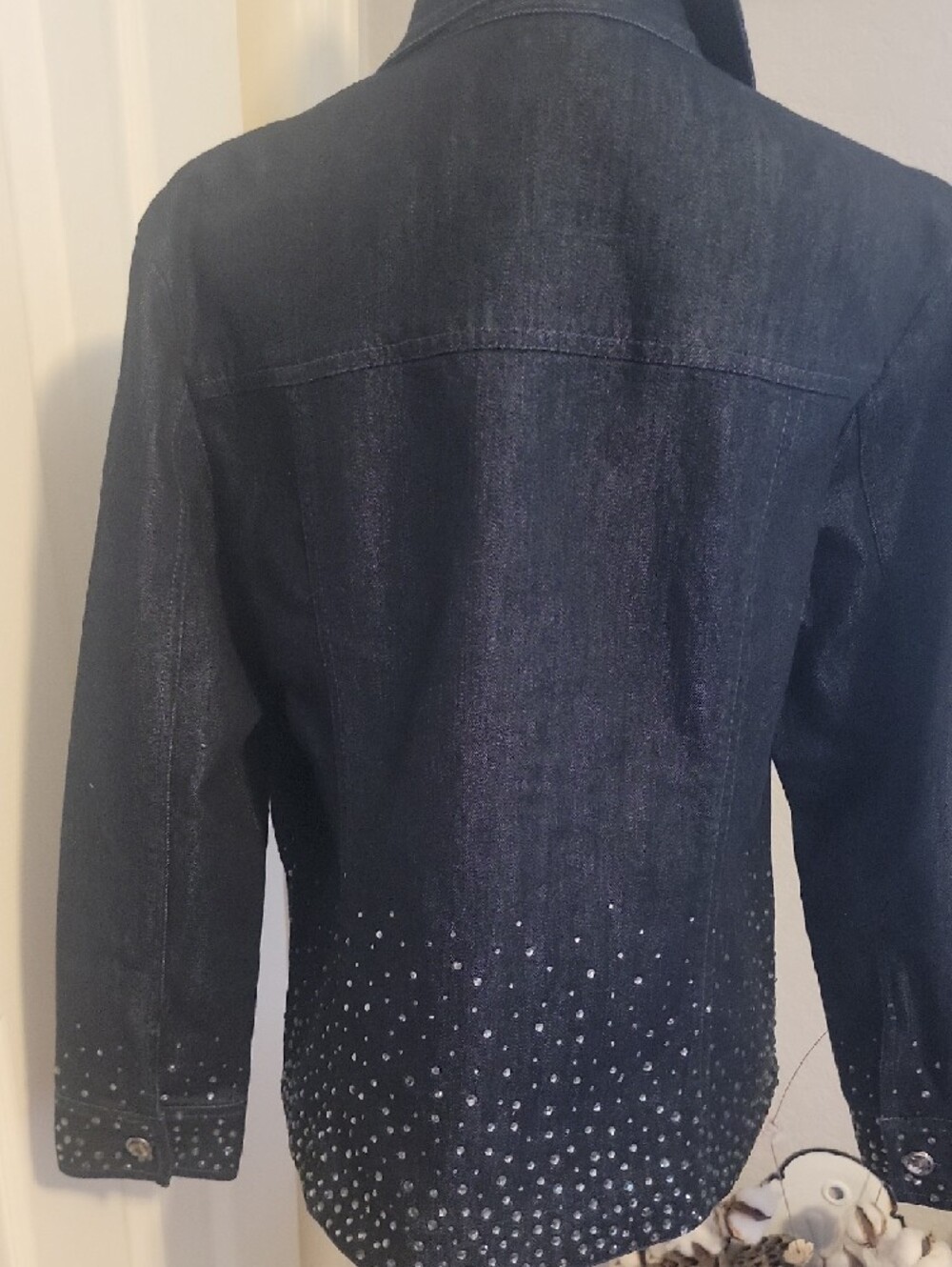 Chico's Platinum Denim Jacket with Hem and Cuff Stud Detailing - Picture 5 of 6